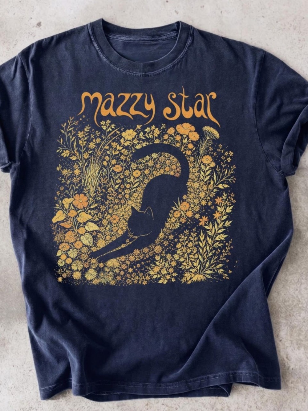 Graphic Tee - Navy with Gold Floral Cat
